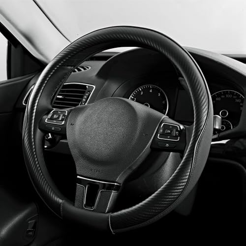 PIC AUTO Steering Wheel Cover Black Piping Leather Sports Carbon Fiber and Super Breathable Leather Universal 145155 Inch AntiSlip Steering Wheels Accessories for Men Women - Image 1