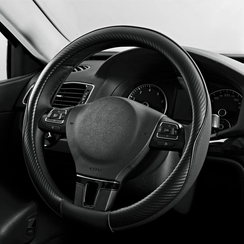 PIC AUTO Steering Wheel Cover Black Piping Leather Sports Carbon Fiber and Super Breathable Leather Universal 145155 Inch AntiSlip Steering Wheels Accessories for Men Women - Image 2