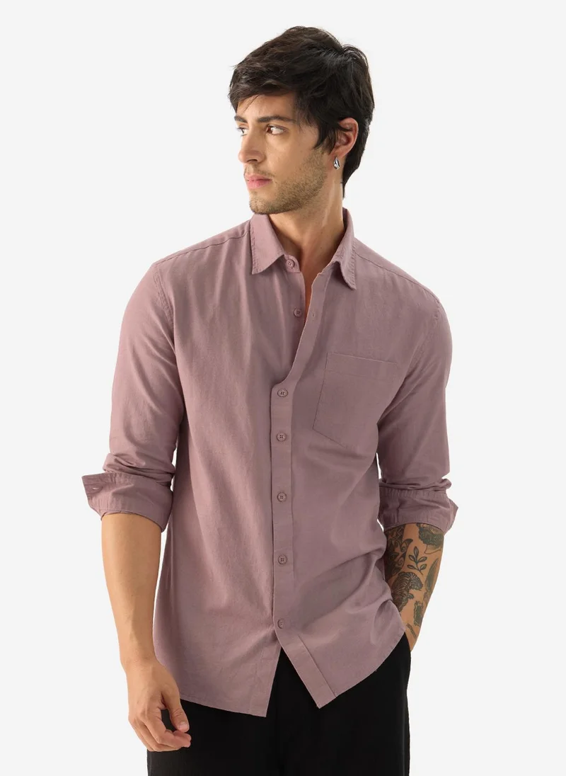 The Souled Store The Souled Store Men Soft Pink Solid Regular/Classic Fit Cotton Linen Shirts