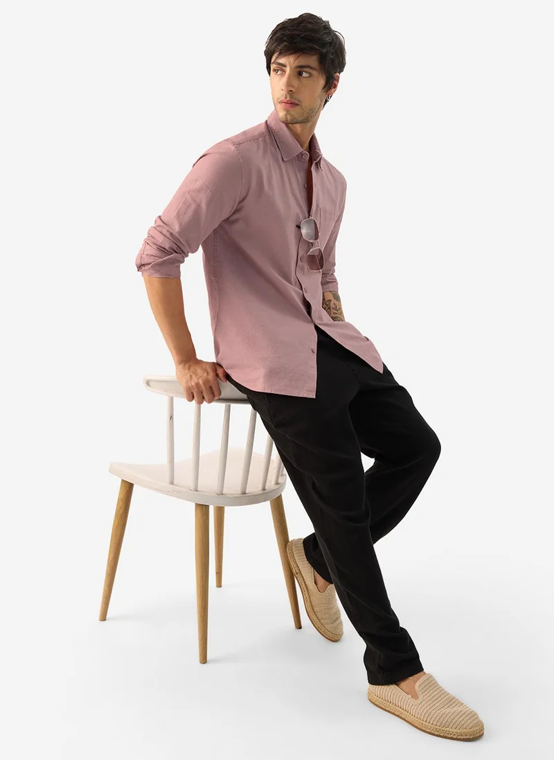 The Souled Store The Souled Store Men Soft Pink Solid Regular/Classic Fit Cotton Linen Shirts