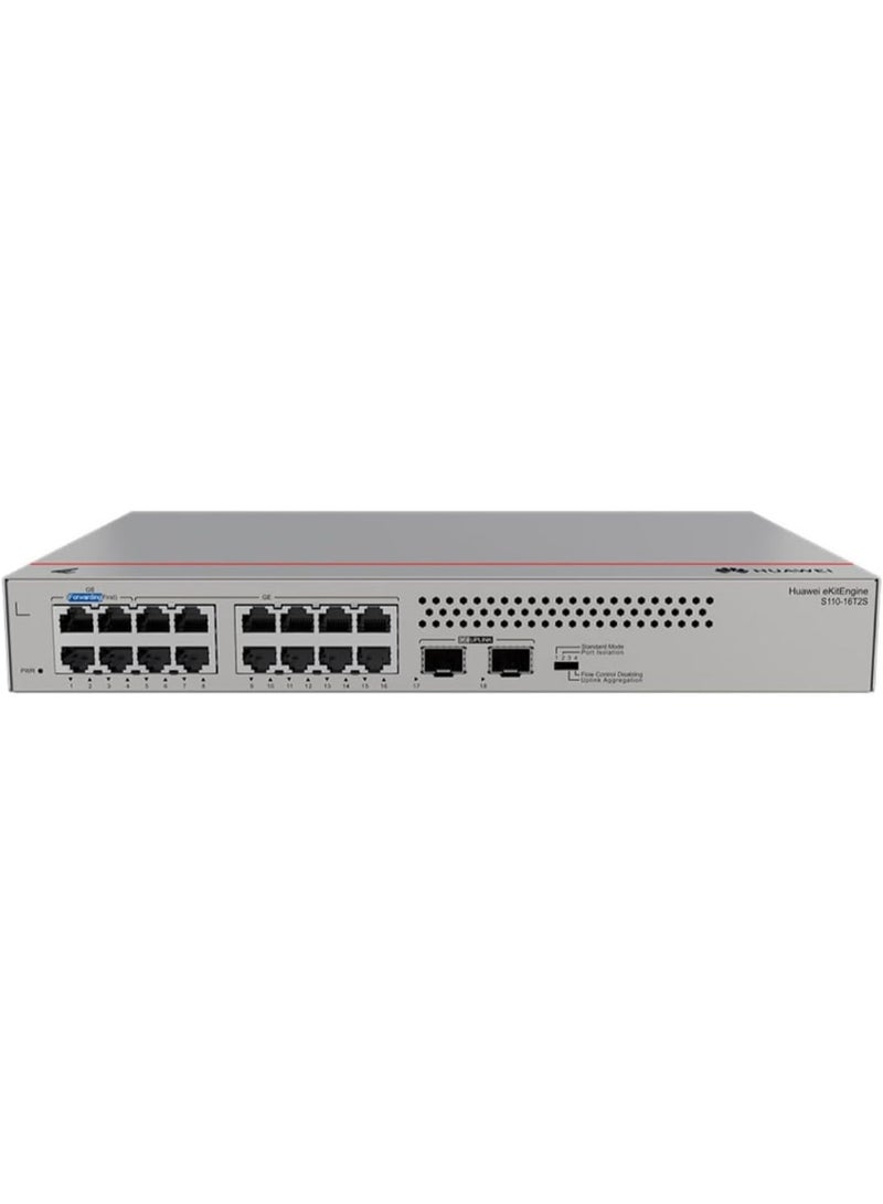 هواوي ايكيت مفتاح جيجابت إيثرنت HUAWEI S110-16T2S (16×10/100/1000BASE-T، 2×GE SFP، بدون مروحة، طاقة تيار متردد مدمجة) - Image 4