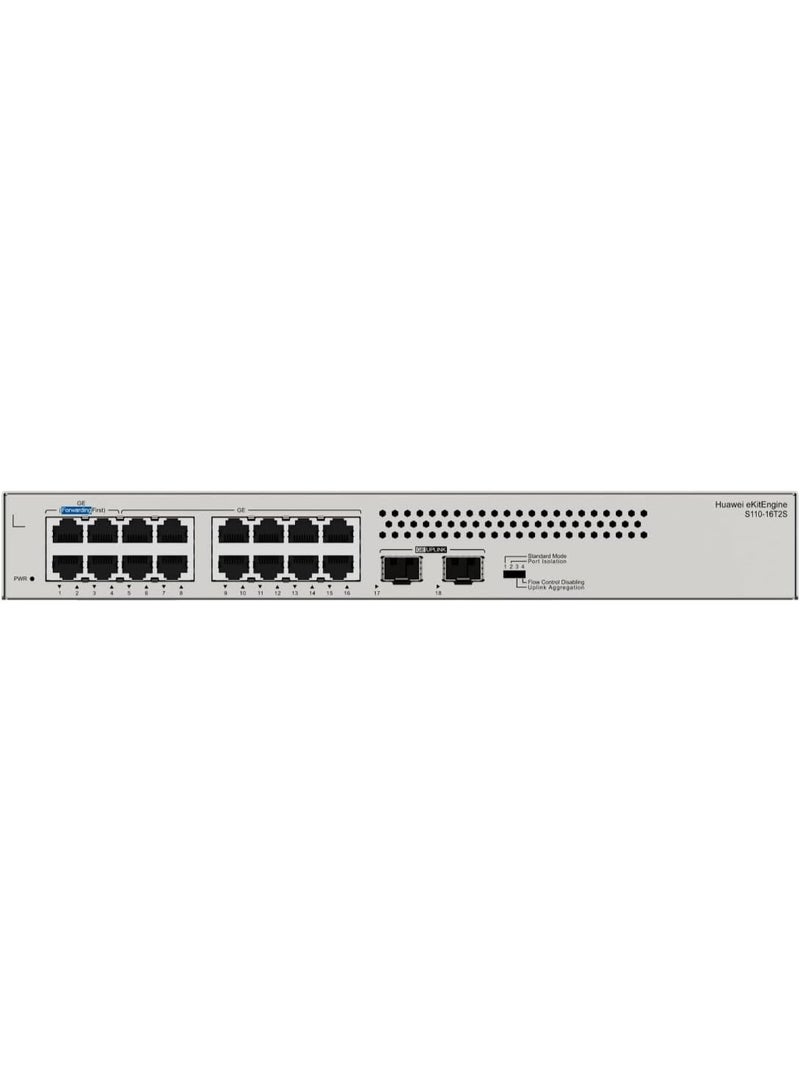 هواوي ايكيت مفتاح جيجابت إيثرنت HUAWEI S110-16T2S (16×10/100/1000BASE-T، 2×GE SFP، بدون مروحة، طاقة تيار متردد مدمجة) - Image 1