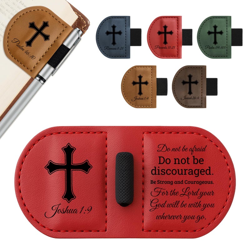 JUBOPE Bygone Mark Personalized Magnetic Leather Bookmark with Pen Holder - Inspirational Bible Verse Scripture Design, Custom Book Marker for Book Lovers Men Women (Red-Joshua 1:9) - Image 1