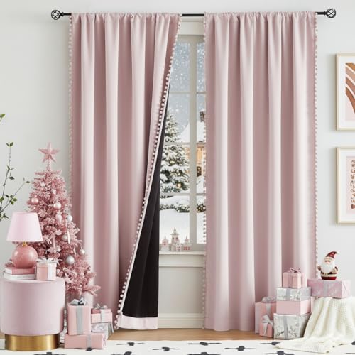 Treatmentex Pink Blackout-Curtains for Bedroom Pom Pom Thermal Insulated 100% Full Blackout Curtain Panels for Girls Baby Nursery Room 84 inch Energy Efficient Window Drapes for Kids 52"w x2 Panels Rod Pocket - Image 2