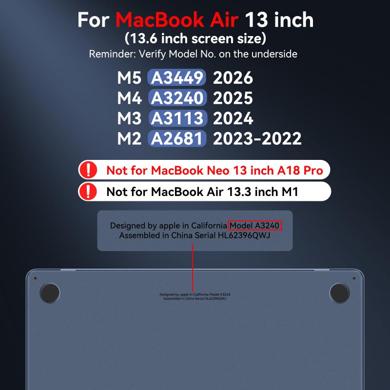 BlueSwan Anti-Cracking Case for MacBook Air 13 inch, M5 2026 M4 M3 M2 2025-2022 A3449 A3240 A3113 A2681, Drop Protection Soft TPU Bumper PC Base for Air 13.6 inch, Frosted Midnight - Image 2
