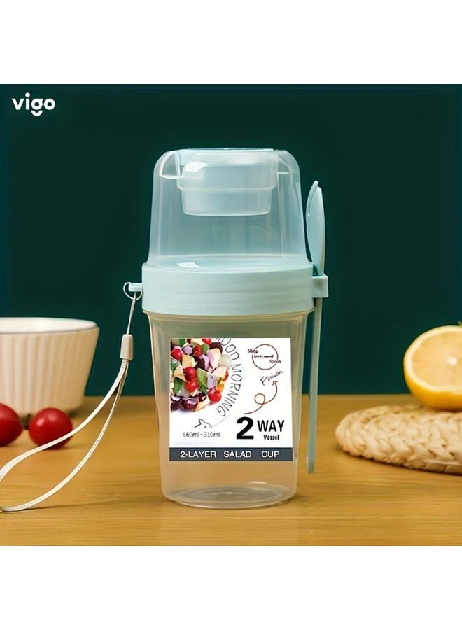 Blue Portable Breakfast Salad Cup with Fork Leak Proof BPA Free Plastic for School Office Camping Picnic - Image 1
