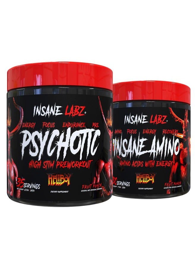 Insane labz Hellboy Bundle, Psychotic Hellboy Pre Workout and Insane Amino BCAA, Increase Muscle Mass, Strength, Focus and Recovery Time, Fruit Punch - Image 1