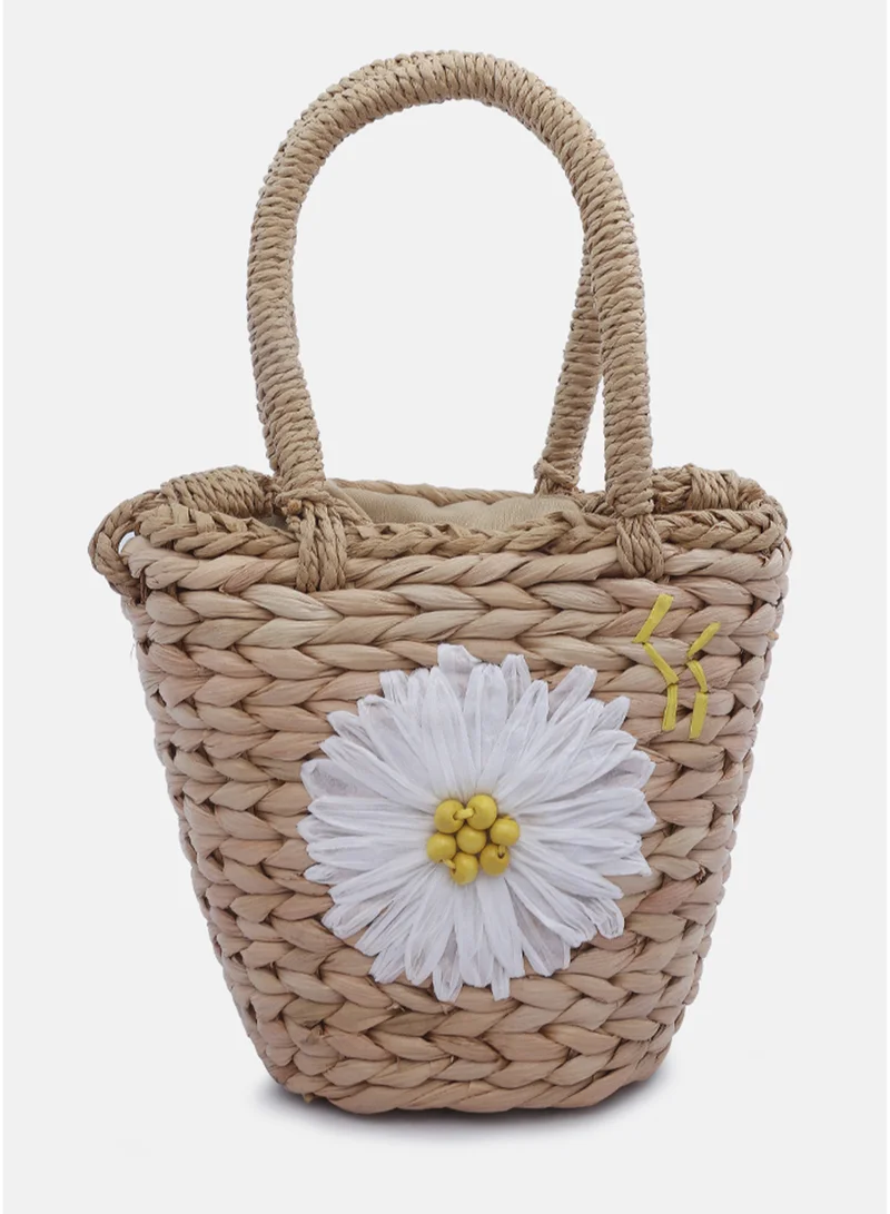 London Rag Dark Beige Floral Woven Basket Bucket Bag