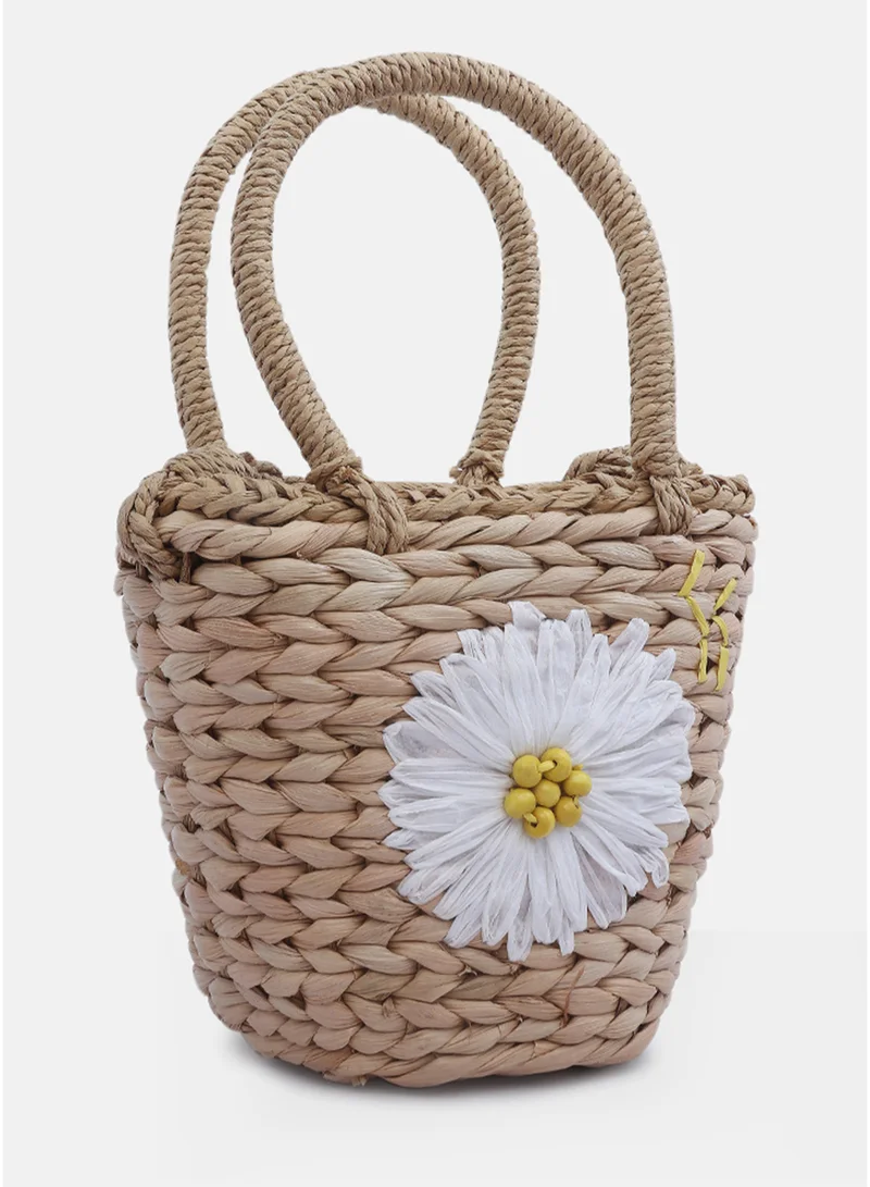 London Rag Dark Beige Floral Woven Basket Bucket Bag
