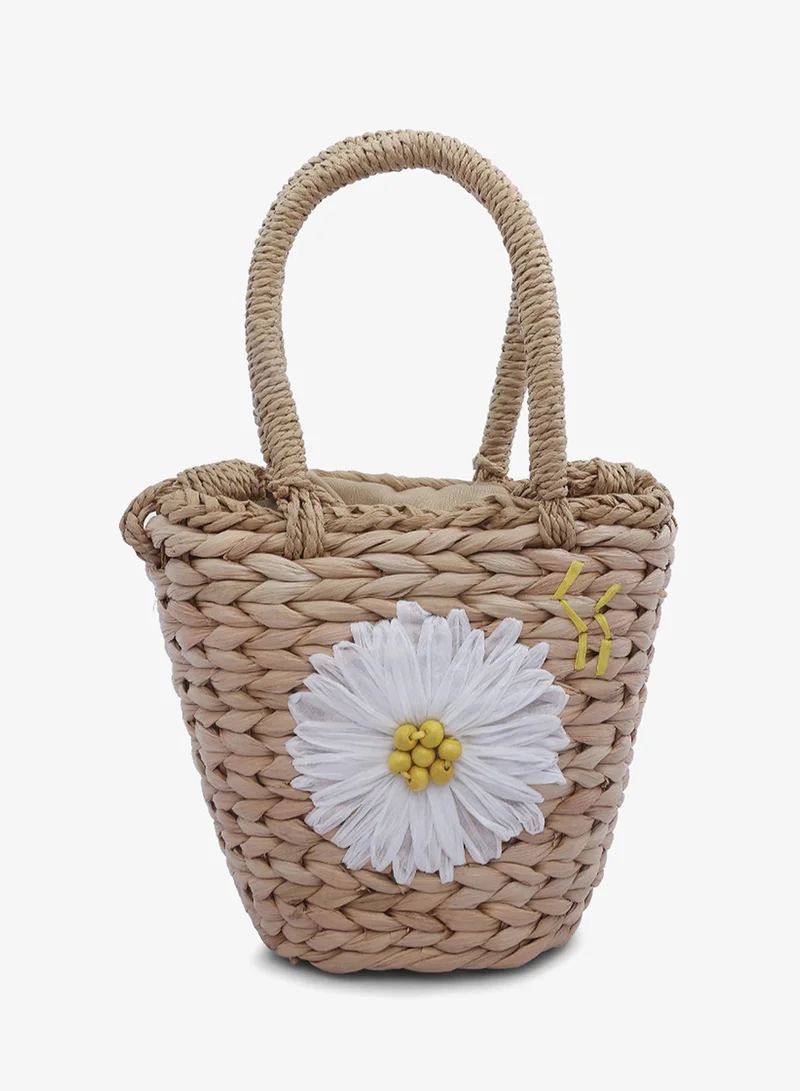 London Rag Dark Beige Floral Woven Basket Bucket Bag