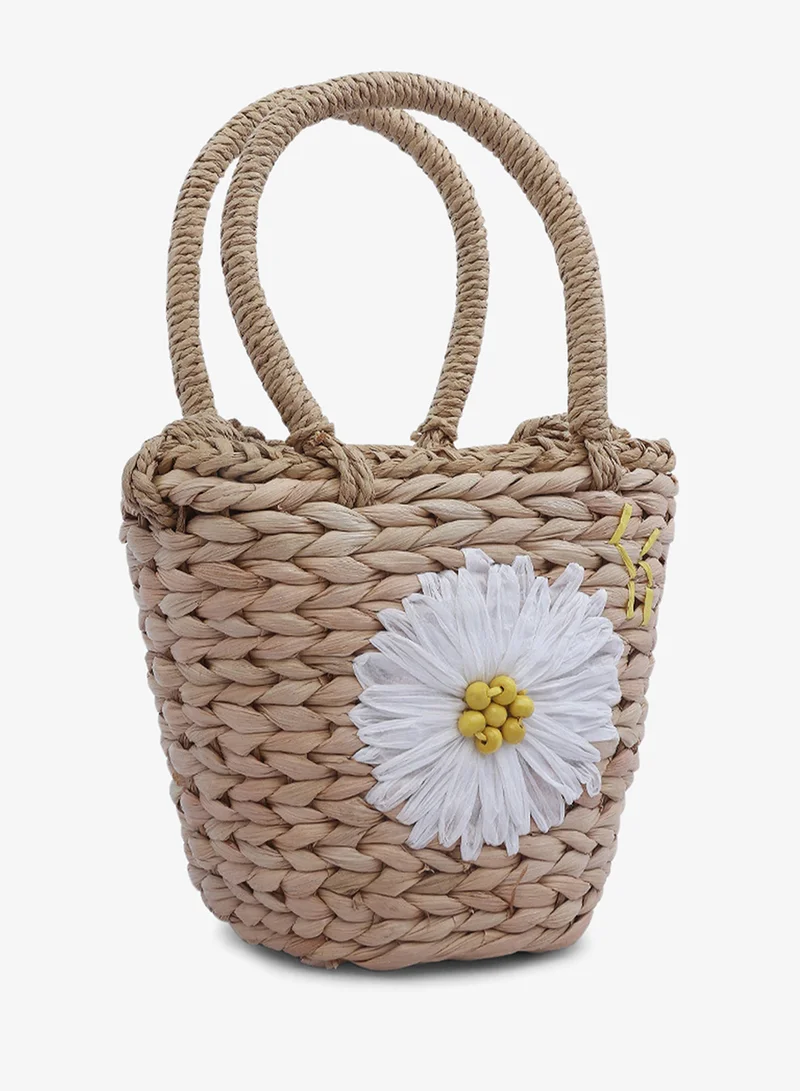 London Rag Dark Beige Floral Woven Basket Bucket Bag