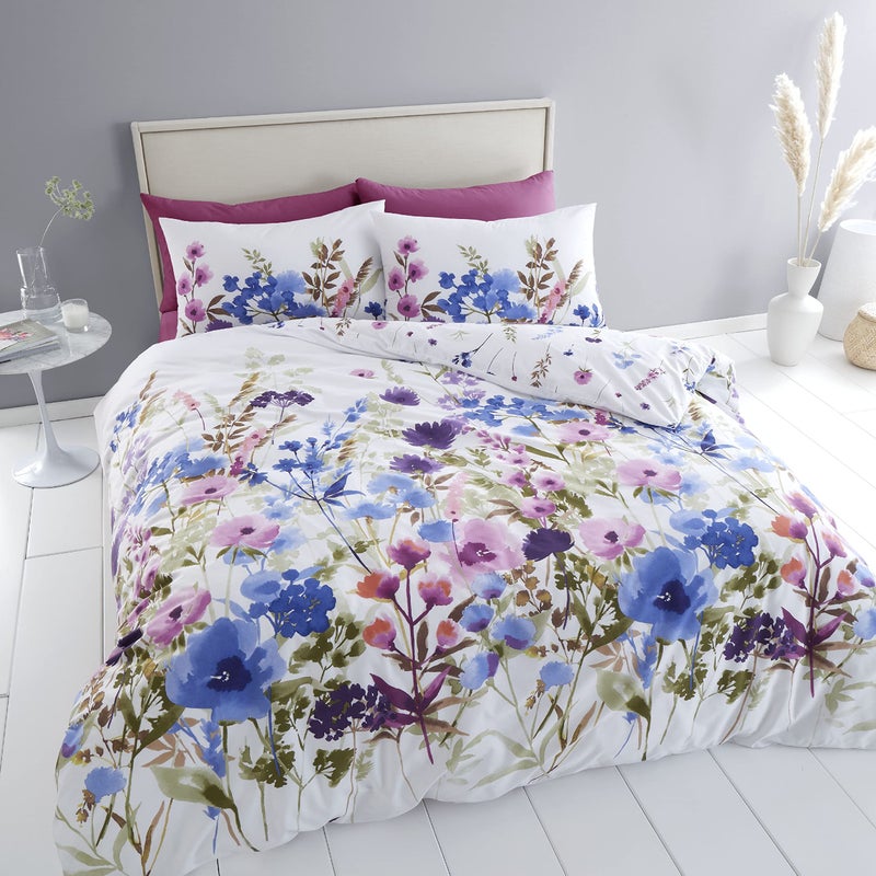 Catherine Lansfield Bedding Countryside Floral Double Duvet Cover Set with Pillowcases PinkBlue