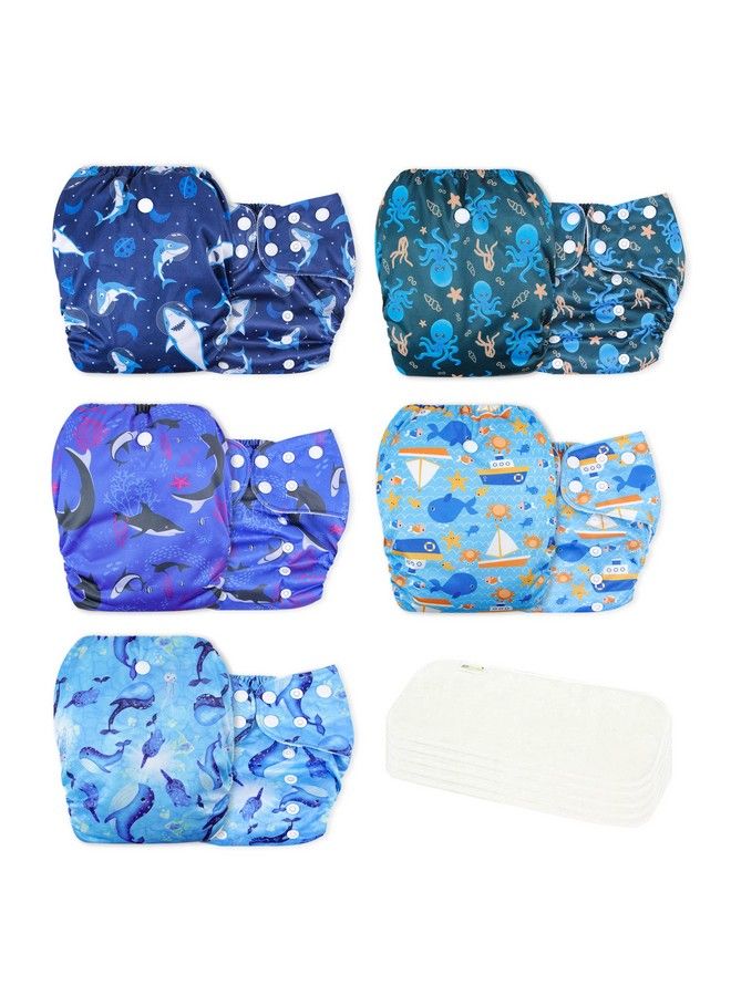 Wegreeco Washable Reusable Baby Cloth Pocket Diapers 5 Pack + 5 Bamboo Inserts (Ocean Adventure) One Size - Image 1