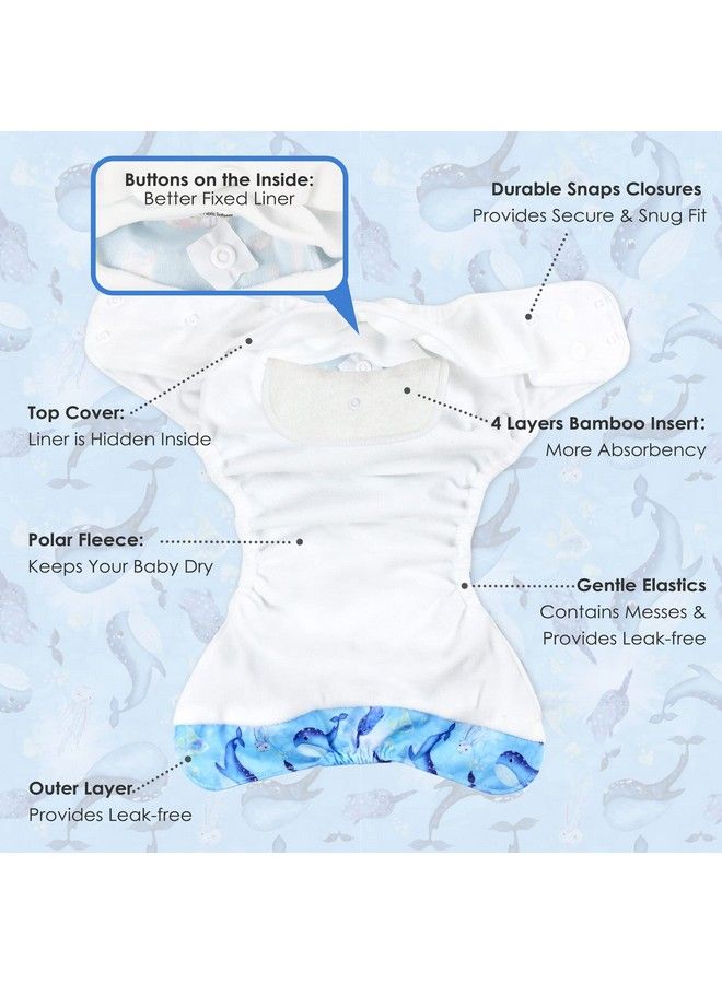 Wegreeco Washable Reusable Baby Cloth Pocket Diapers 5 Pack + 5 Bamboo Inserts (Ocean Adventure) One Size - Image 4
