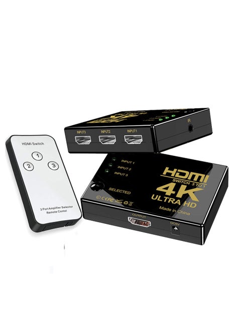 HDMI Switch 3-Port – 4K@60Hz Auto-Switching, IR Remote Control, Stable Signal for PS5/Xbox Series X/Fire TV/Blu-Ray Player
