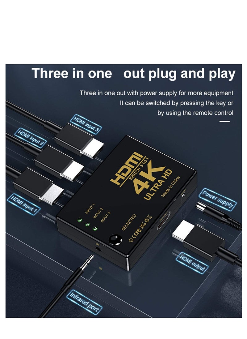 HDMI Switch 3-Port – 4K@60Hz Auto-Switching, IR Remote Control, Stable Signal for PS5/Xbox Series X/Fire TV/Blu-Ray Player