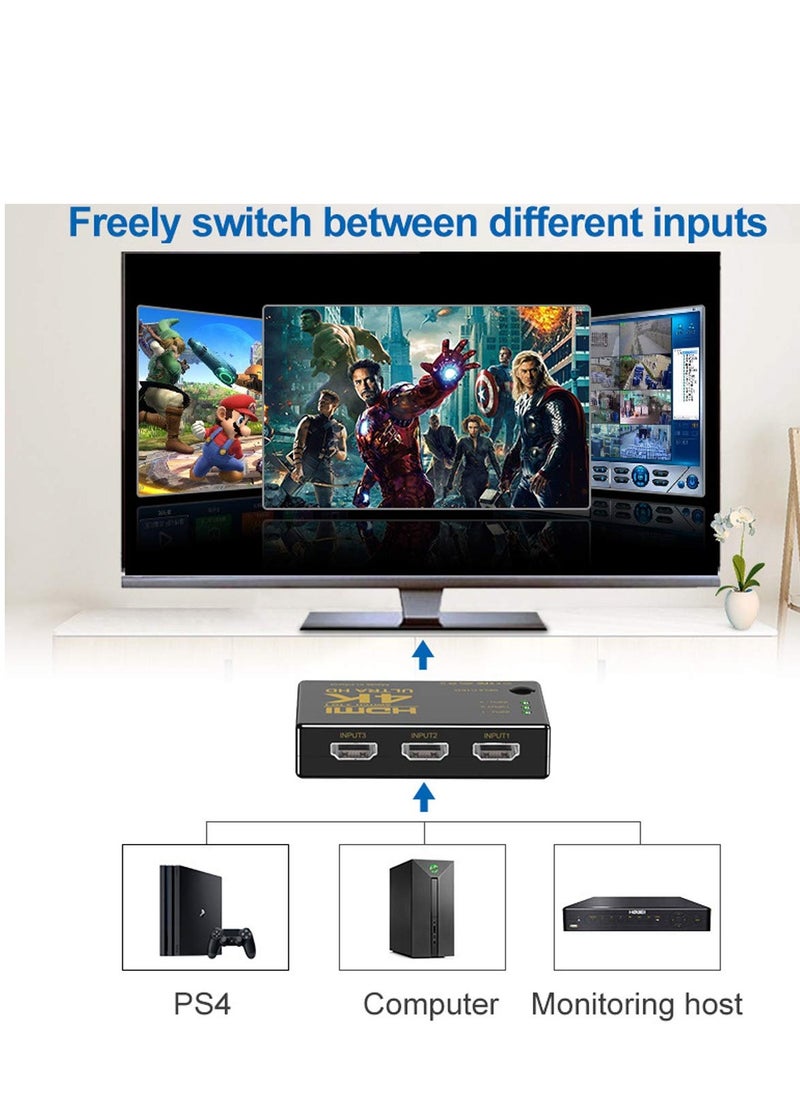 HDMI Switch 3-Port – 4K@60Hz Auto-Switching, IR Remote Control, Stable Signal for PS5/Xbox Series X/Fire TV/Blu-Ray Player