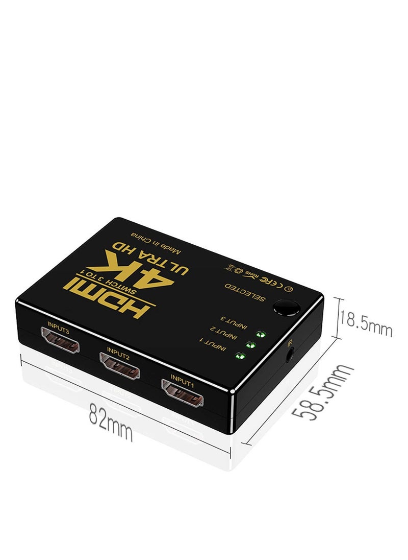 HDMI Switch 3-Port – 4K@60Hz Auto-Switching, IR Remote Control, Stable Signal for PS5/Xbox Series X/Fire TV/Blu-Ray Player