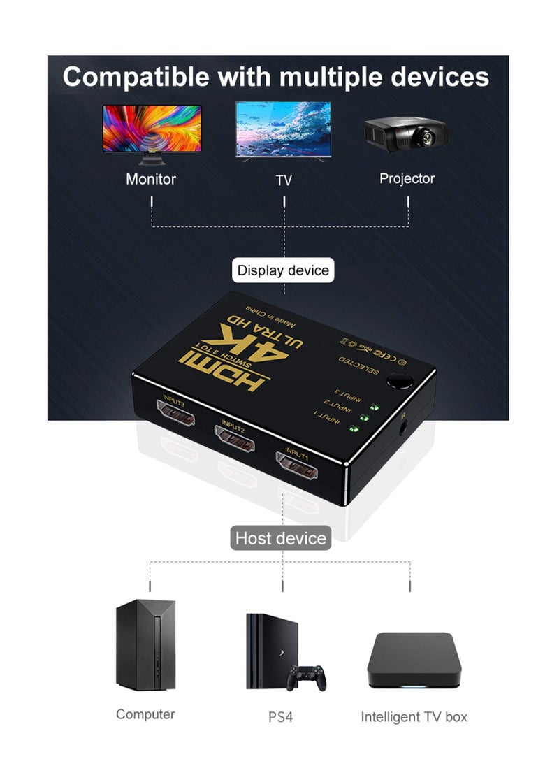 HDMI Switch 3-Port – 4K@60Hz Auto-Switching, IR Remote Control, Stable Signal for PS5/Xbox Series X/Fire TV/Blu-Ray Player