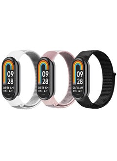 [Pack of 3] Nylon Loop Straps For Xiaomi Mi Band 8 , Soft Adjustable Sport Solo Loop Watch Strap Replacement Wristband(Black /Silver/ Pink Sand)