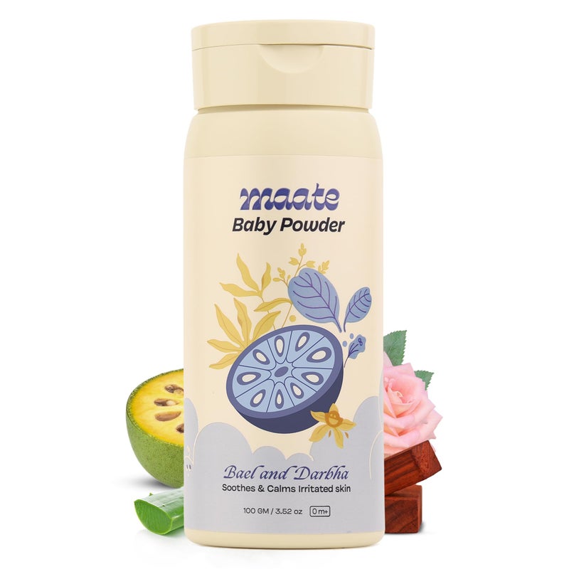 Maate Talc Free Natural & Ayurvedic Baby Powder | Soothes and Keeps Your Baby's Skin Calm | Enriched with Bael Fruit, Red Sandal and Darbha | 100% Natural, Non-Irritant and Safe (100 gm) - Image 4