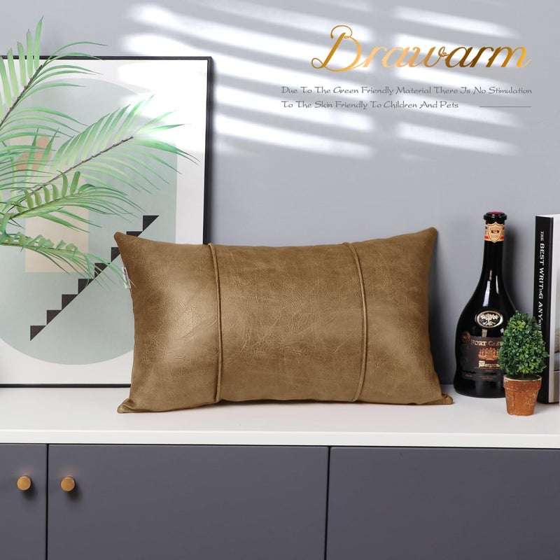 BRAWARM Khaki Leather Throw Pillow Covers 12 X 20 Inches - Faux Leather Lumbar Pillow Cover with Piping, Hand Stitched Faux Leather Throw Pillow for Couch Sofa Bed Living Room Home Decorative - Image 5