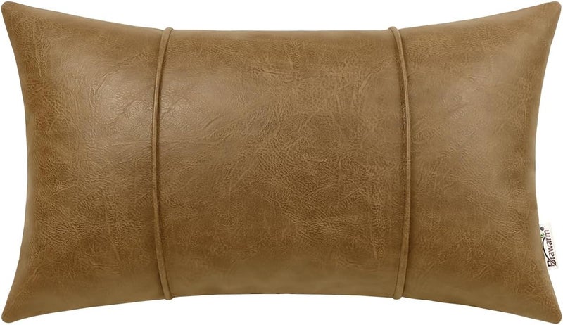 BRAWARM Khaki Leather Throw Pillow Covers 12 X 20 Inches - Faux Leather Lumbar Pillow Cover with Piping, Hand Stitched Faux Leather Throw Pillow for Couch Sofa Bed Living Room Home Decorative - Image 1