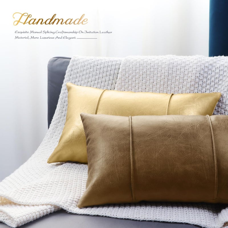 BRAWARM Khaki Leather Throw Pillow Covers 12 X 20 Inches - Faux Leather Lumbar Pillow Cover with Piping, Hand Stitched Faux Leather Throw Pillow for Couch Sofa Bed Living Room Home Decorative - Image 4