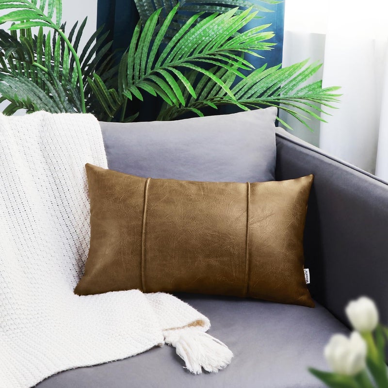 BRAWARM Khaki Leather Throw Pillow Covers 12 X 20 Inches - Faux Leather Lumbar Pillow Cover with Piping, Hand Stitched Faux Leather Throw Pillow for Couch Sofa Bed Living Room Home Decorative - Image 2