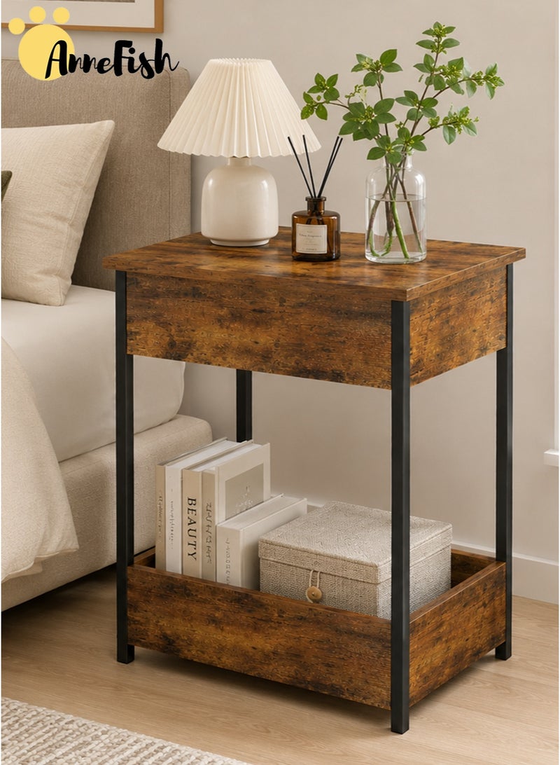 AnneFish 2Tier Nightstand with Flip-top Storage Bedside Side Table Industrial Vintage End Table Narrow Side Table for Sofa Multifunctional Storage Table Sofa Table Service Table Coffee Table for Living Room Bedroom - Image 1
