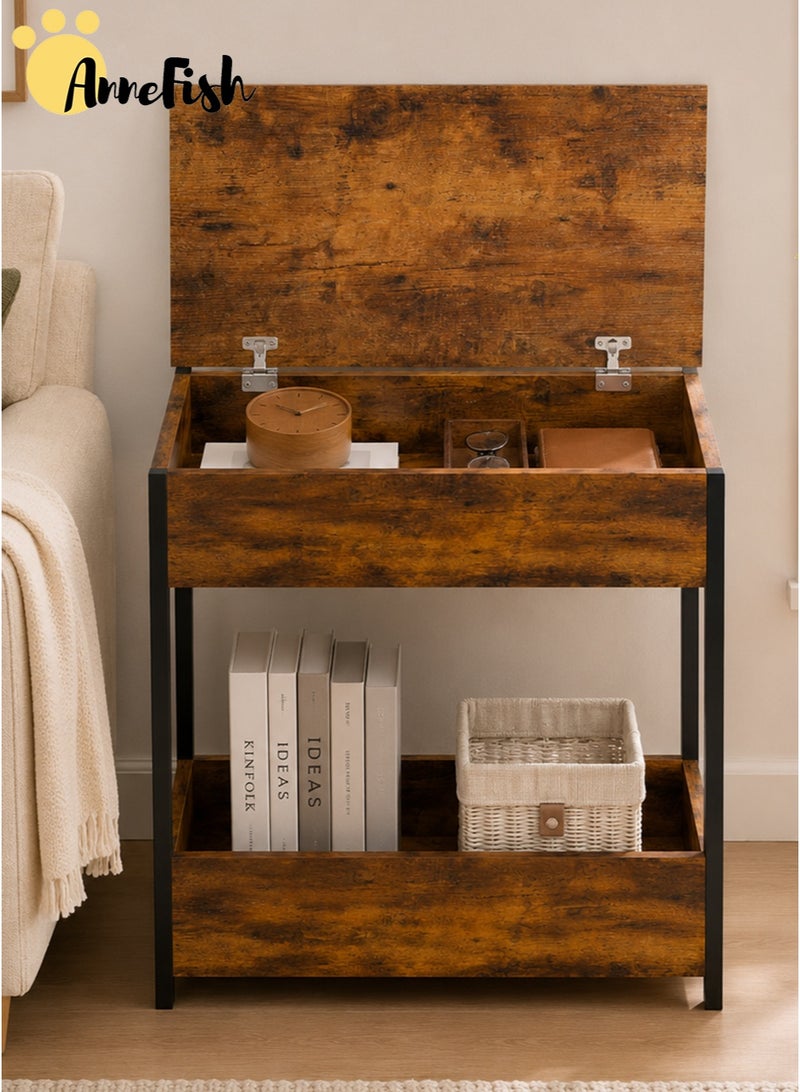 AnneFish 2Tier Nightstand with Flip-top Storage Bedside Side Table Industrial Vintage End Table Narrow Side Table for Sofa Multifunctional Storage Table Sofa Table Service Table Coffee Table for Living Room Bedroom - Image 2