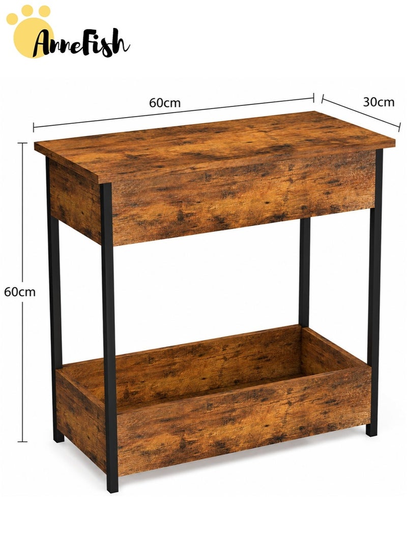 AnneFish 2Tier Nightstand with Flip-top Storage Bedside Side Table Industrial Vintage End Table Narrow Side Table for Sofa Multifunctional Storage Table Sofa Table Service Table Coffee Table for Living Room Bedroom - Image 4