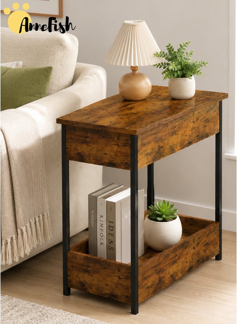 AnneFish 2Tier Nightstand with Flip-top Storage Bedside Side Table Industrial Vintage End Table Narrow Side Table for Sofa Multifunctional Storage Table Sofa Table Service Table Coffee Table for Living Room Bedroom - Image 3