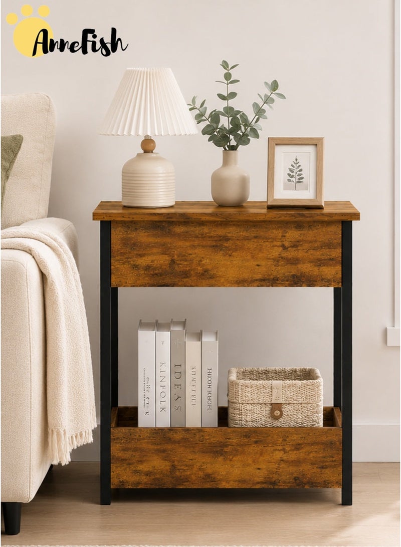 AnneFish 2Tier Nightstand with Flip-top Storage Bedside Side Table Industrial Vintage End Table Narrow Side Table for Sofa Multifunctional Storage Table Sofa Table Service Table Coffee Table for Living Room Bedroom - Image 5