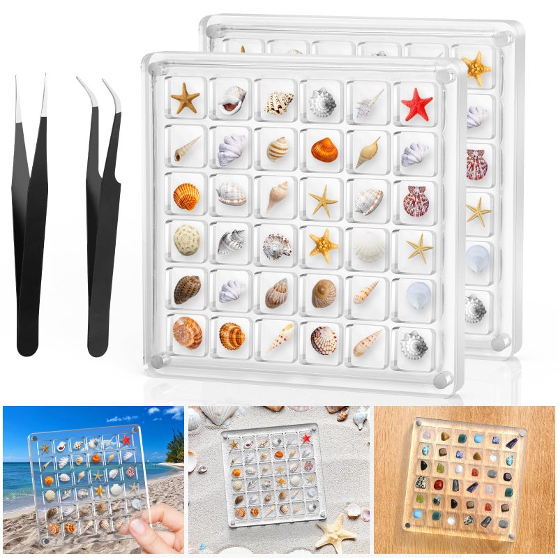 XANGNIER Acrylic Magnetic Seashell Display Box,Clear Sea Shell Display Box,Beach Magnet Storage Organizer Case for Seashell Diamond Beads,72 Grids,Transparent,2 Pack - Image 1