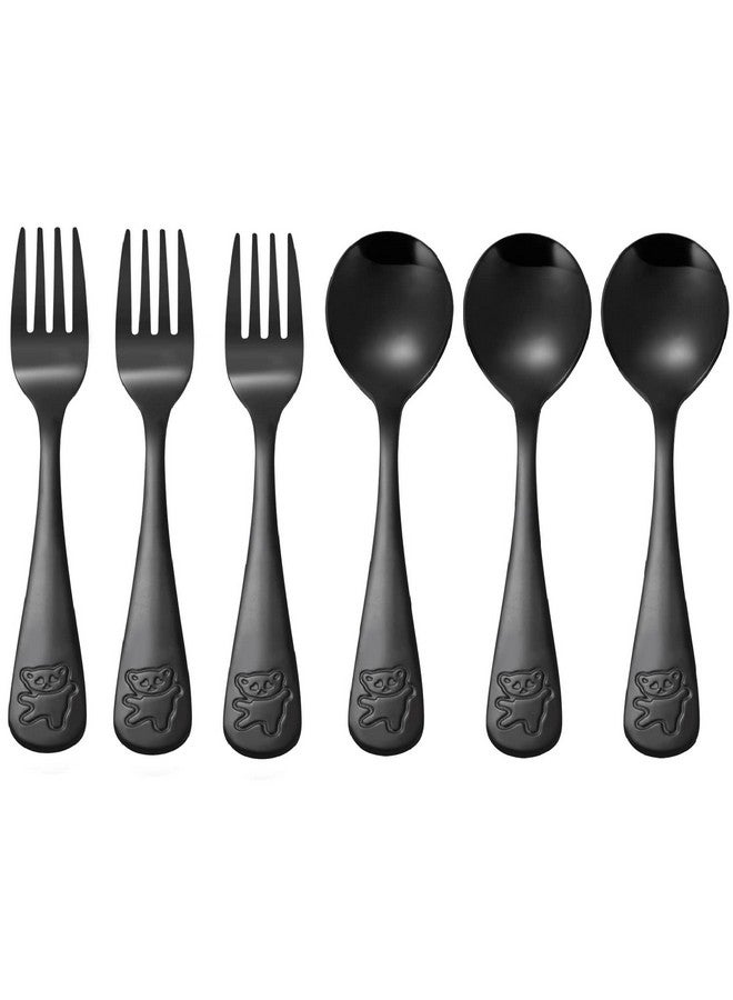 Pimoys 6 Pieces Kids Silverware Stainless Steel Toddler And Child Utensils Childrens Safe Forks And Spoons Metal Cutlery Set Engraved Bear Black - Image 1