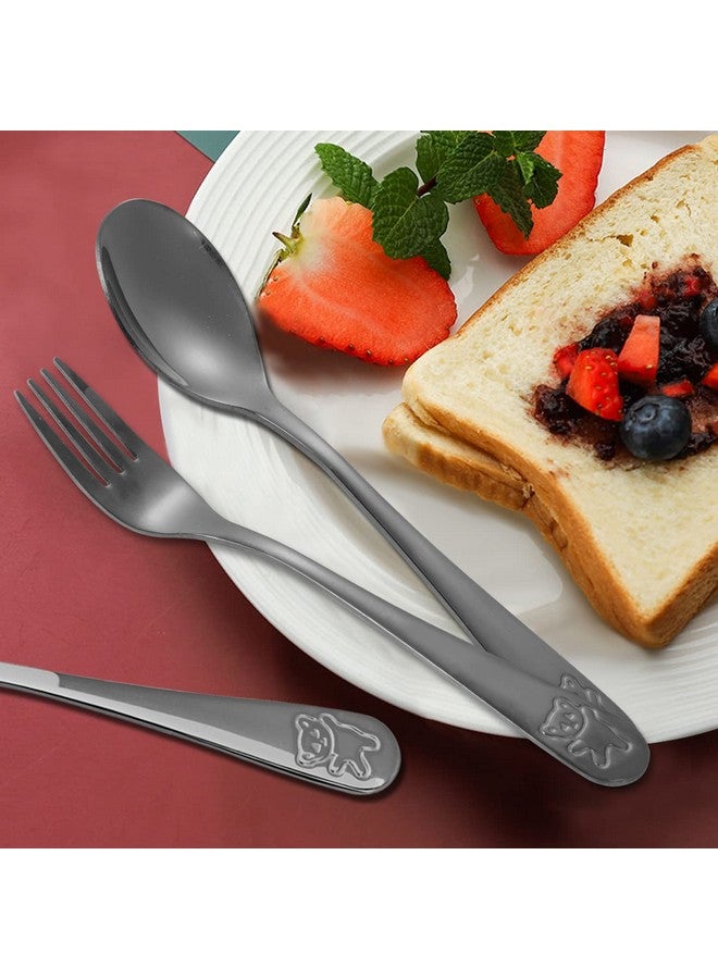 Pimoys 6 Pieces Kids Silverware Stainless Steel Toddler And Child Utensils Childrens Safe Forks And Spoons Metal Cutlery Set Engraved Bear Black - Image 5