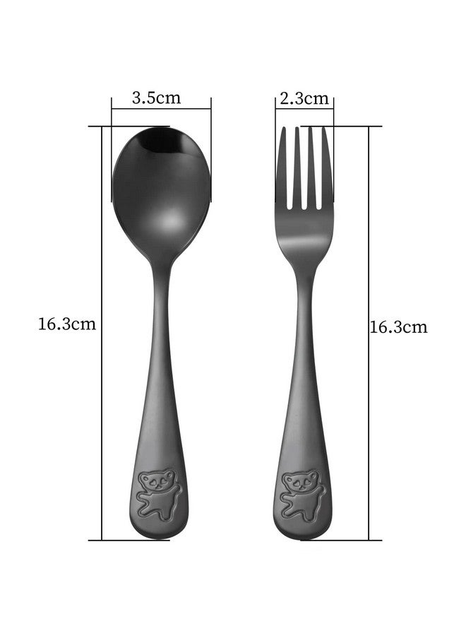 Pimoys 6 Pieces Kids Silverware Stainless Steel Toddler And Child Utensils Childrens Safe Forks And Spoons Metal Cutlery Set Engraved Bear Black - Image 3