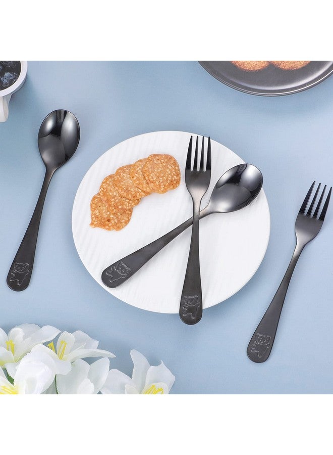 Pimoys 6 Pieces Kids Silverware Stainless Steel Toddler And Child Utensils Childrens Safe Forks And Spoons Metal Cutlery Set Engraved Bear Black - Image 2