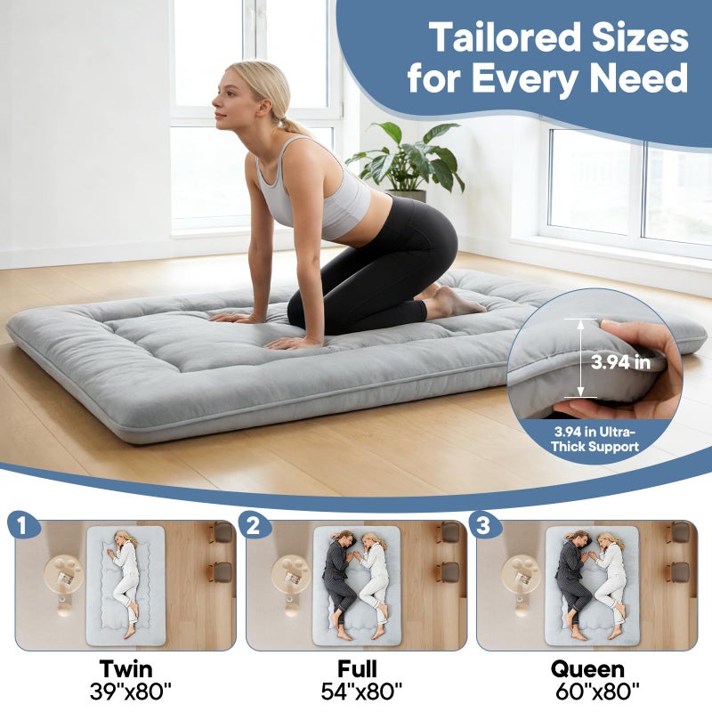 DUMOS Japanese Floor Mattress Twin Size 4-Inch, Futon Mattress Foldable with Removable Washable Cover, Portable Roll Up Tatami Mat for Kids Room, Dorm, Sleepovers and Solo Sleeper, Gray - Image 3