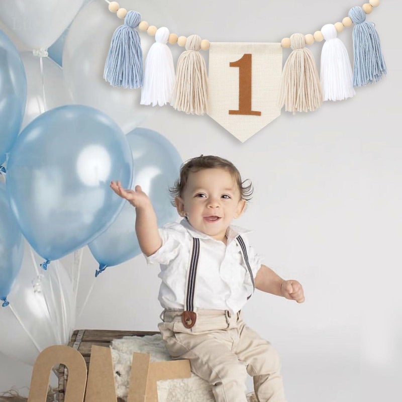 Ereniko Boho Blue Handmade 1st Birthday High Chair Banner First Highchair Banner For Baby Boys Wild One Wall Hangings Wood Bead Tassel Garland 1 Birthday Party Decorations Photoshoot Props Photo Props - Image 3