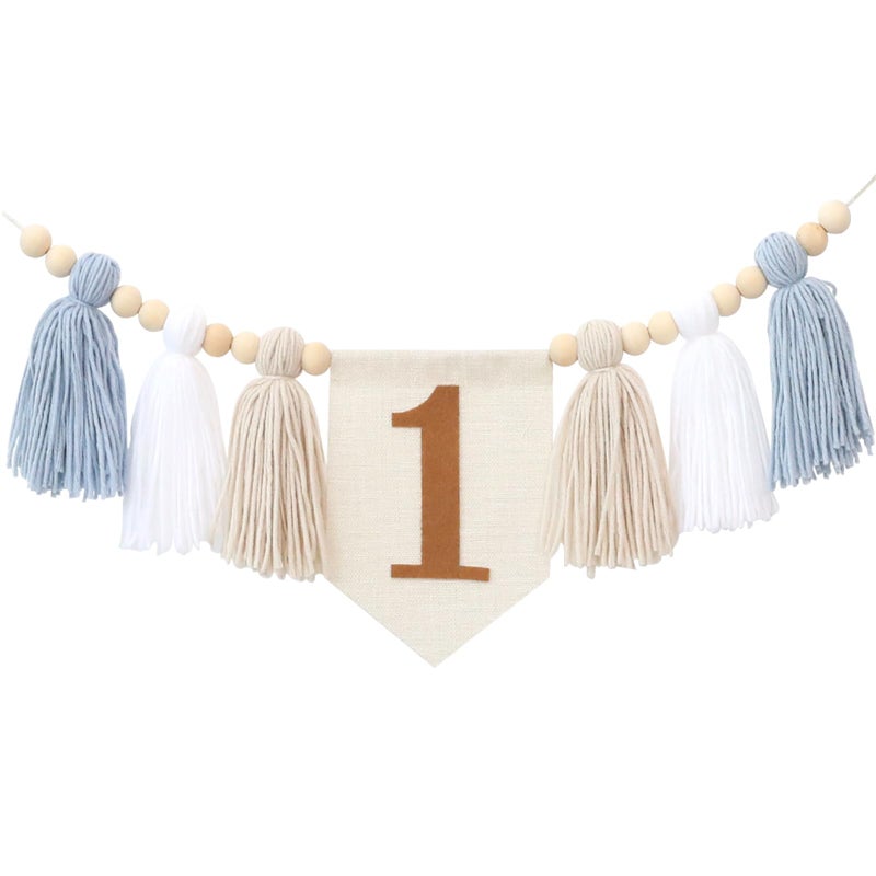 Ereniko Boho Blue Handmade 1st Birthday High Chair Banner First Highchair Banner For Baby Boys Wild One Wall Hangings Wood Bead Tassel Garland 1 Birthday Party Decorations Photoshoot Props Photo Props - Image 1