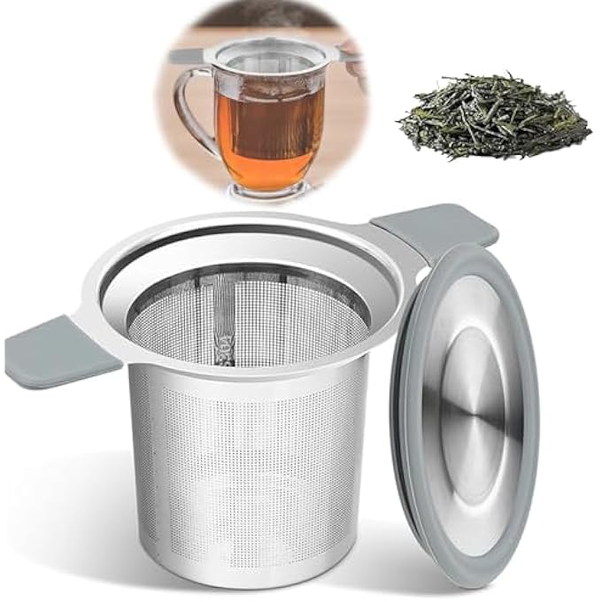 ريحني مصافي شاي للشاي السائب، مصفاة شاي شبكية فائقة النعومة بمقابض سيليكون مقاومة للحرارة، غطاء، سلة شاي كبيرة السعة، فلتر مناسب للأكواب القياسية وأباريق الشاي - Image 1