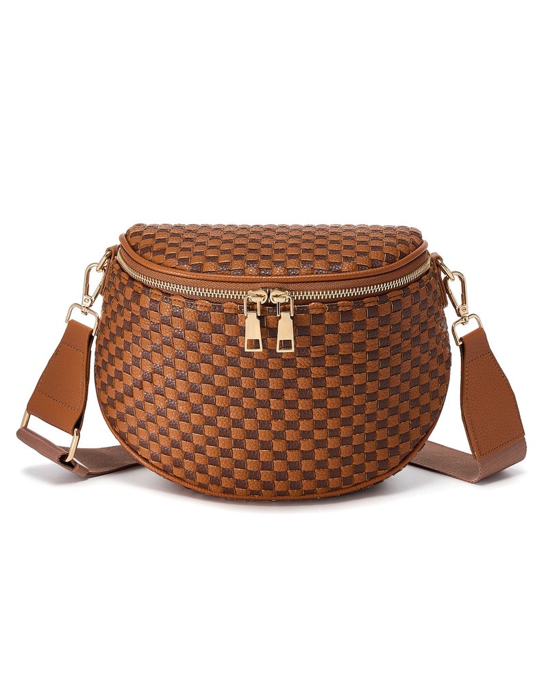 MEISEY Trendy Woven Checkered Crossbody Bum Bag for Womenï¼ŒPU Leather Checkered Purse Fanny Packs Belt Bag (Woven Bum Bag - Brown Coffee) - Image 1
