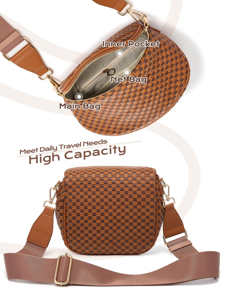 MEISEY Trendy Woven Checkered Crossbody Bum Bag for Womenï¼ŒPU Leather Checkered Purse Fanny Packs Belt Bag (Woven Bum Bag - Brown Coffee) - Image 4