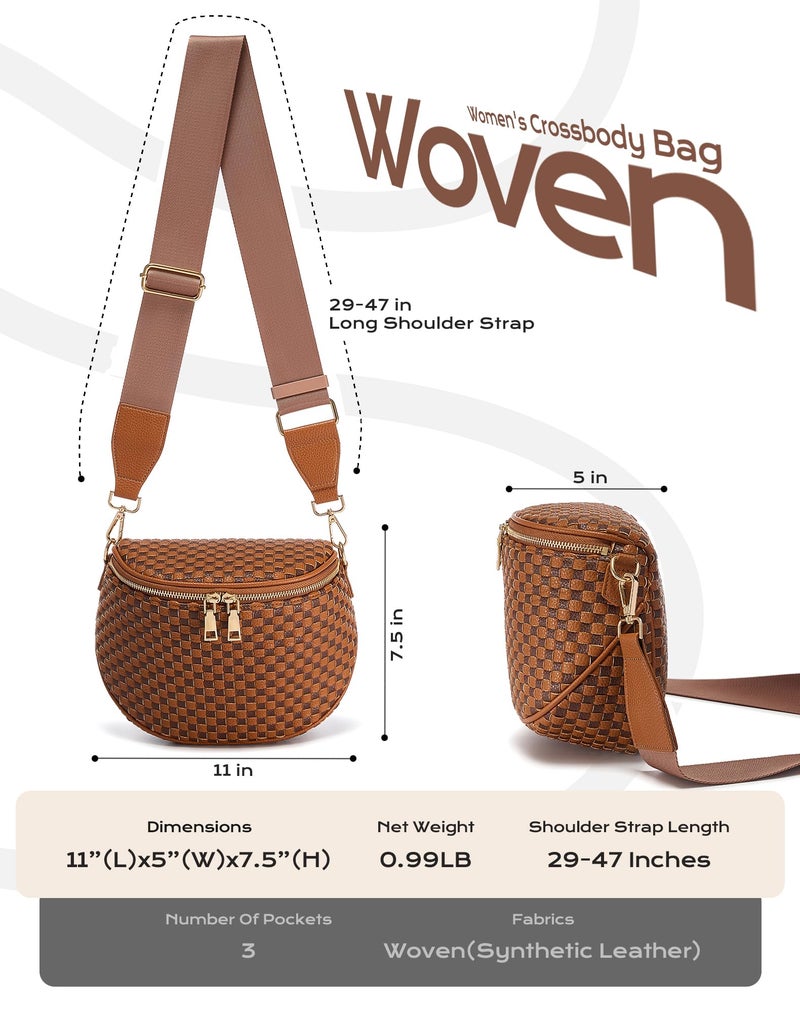 MEISEY Trendy Woven Checkered Crossbody Bum Bag for Womenï¼ŒPU Leather Checkered Purse Fanny Packs Belt Bag (Woven Bum Bag - Brown Coffee) - Image 3