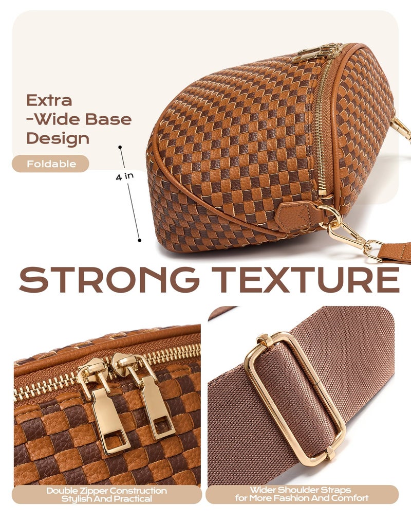 MEISEY Trendy Woven Checkered Crossbody Bum Bag for Womenï¼ŒPU Leather Checkered Purse Fanny Packs Belt Bag (Woven Bum Bag - Brown Coffee) - Image 5