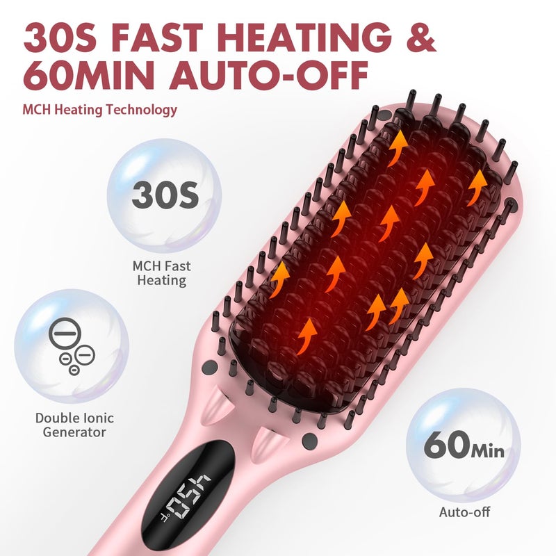 miropure Enhanced Hair Straightener Heat Brush by , 2-in-1 Ceramic Ionic Straightening Brush, Hot Comb with Anti-Scald Feature, Auto Temperature Lock & Auto-Off Function (Pink) 4 Piece Set - Image 2