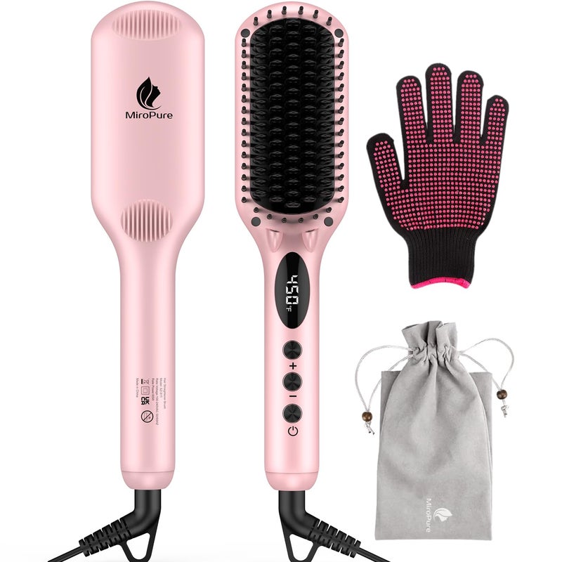 miropure Enhanced Hair Straightener Heat Brush by , 2-in-1 Ceramic Ionic Straightening Brush, Hot Comb with Anti-Scald Feature, Auto Temperature Lock & Auto-Off Function (Pink) 4 Piece Set - Image 1