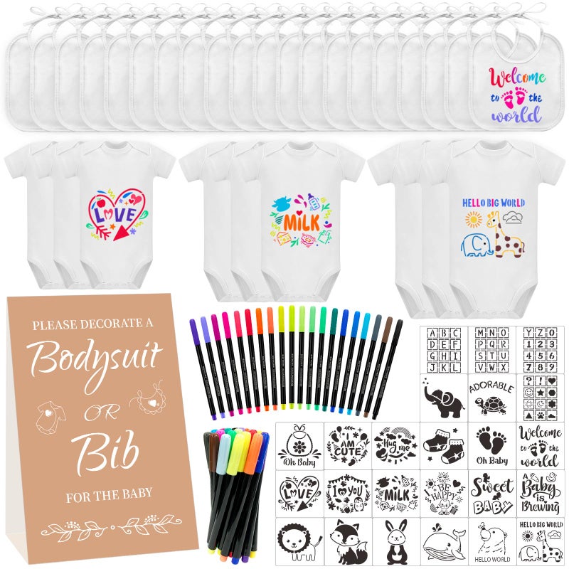 Aisharery Bibs Bodysuits Baby Shower Game Sign Set Newborn Onesies Feeder Gift Fabric Marker Stencils Kit - Image 1